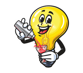 Light Bulb making cocktail,   Cartoon Character Mascot Illustration Vector Clip-art Hand-drawn Logo Design 