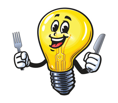 recommend clip art: Light Bulb with fork and knife,   Cartoon Character Mascot Illustration Vector Clip-art Hand-drawn Logo Design 