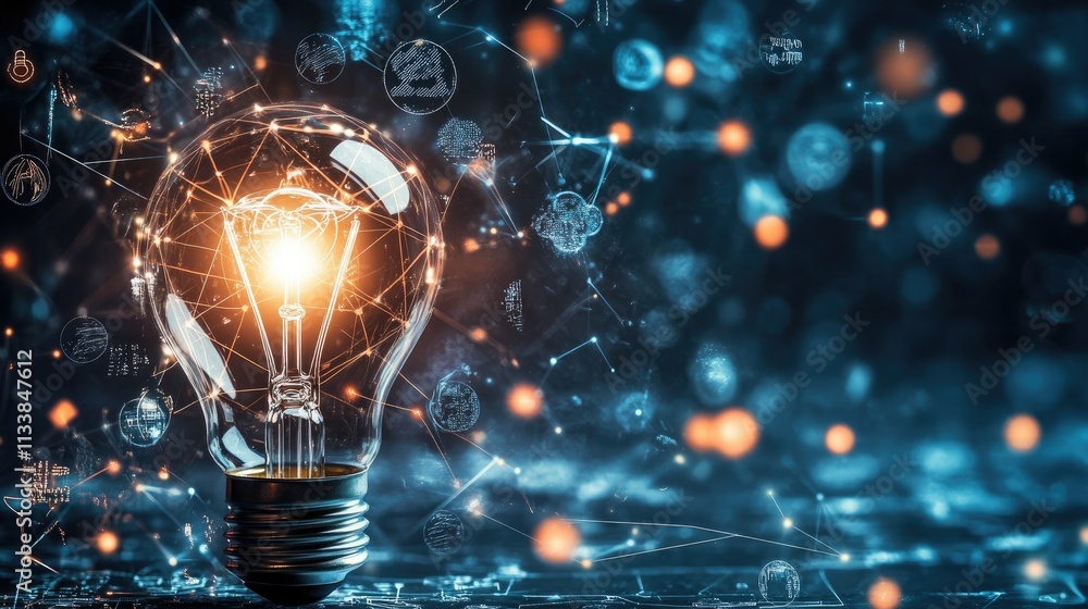 Poster glowing light bulb with digital network and technology elements