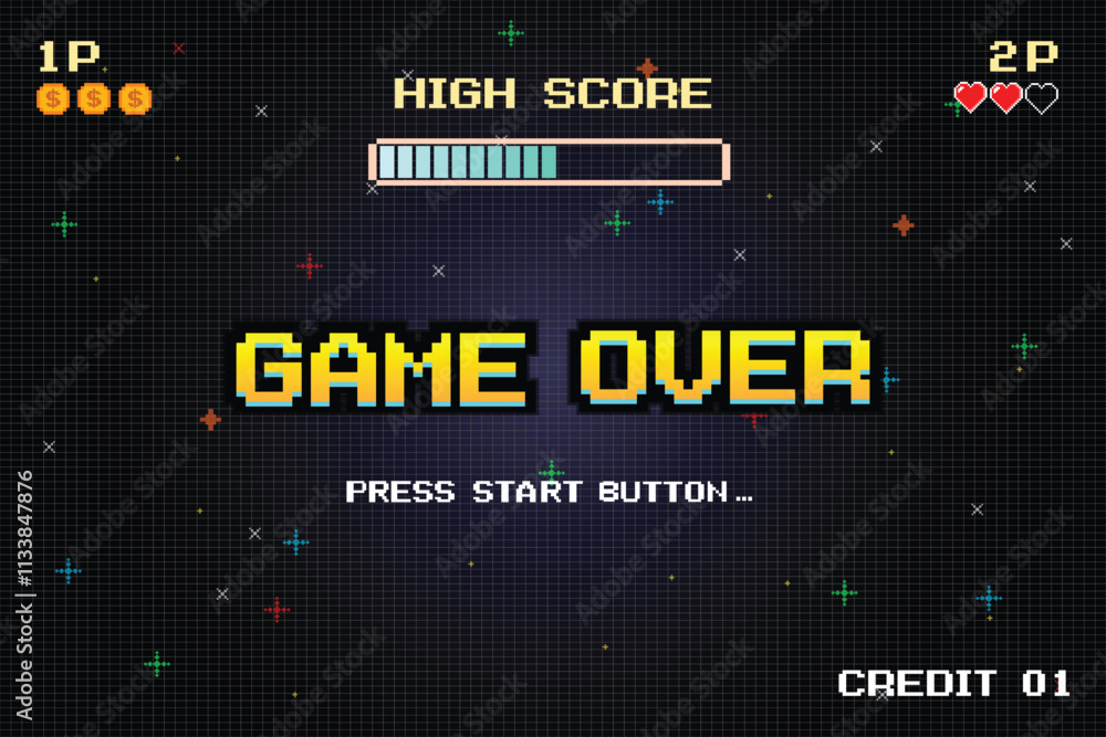 Poster game over. insert a coin to continue. synthwave wireframe net illustration. pixel art. 8 bit game. r