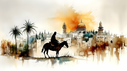 Rider on Horseback Views Ancient City at Sunset