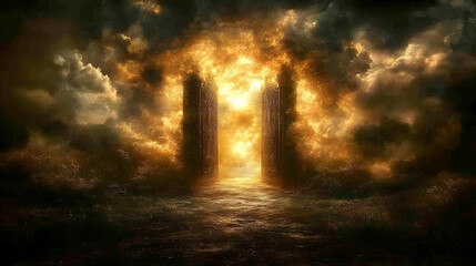 Golden Gates Open to a Fiery Sky Beyond, Mystical Path Awaits