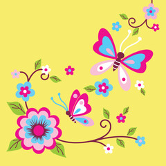 Cute butterfly with vibrant flowers vector