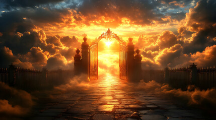 Fototapeta premium Golden Gate to Heaven Opens, Pathway Beckons, Sunset Glory, Divine Entrance Awaits