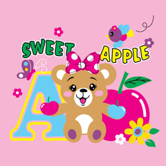 Adorable bear vector illustration holding a fresh apple fruit in a cheerful and playful design  
