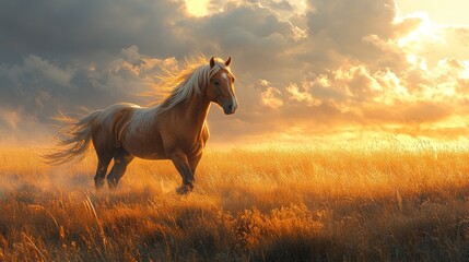 Palomino horse running in a golden field at sunset.