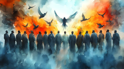 Descending Dove: Spiritual Gathering, Divine Birds Soaring, Majestic Watercolor Art,  Faithful Believers Assembled, Heavenly Vision