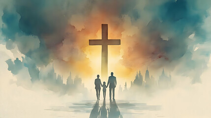 Family Walks Towards Cross, Hope's Promise, City Skyline, Spiritual Journey, Faith's Strength, Divine Guidance, Peaceful Devotion,  God's Love, Heavenly Blessings, Bright Future.