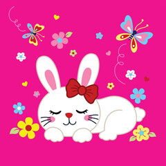 Adorable bunny rabbit vector illustration surrounded by bright and vibrant flowers in a whimsical nature scene

