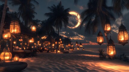 Romantic beach scene at night with lanterns, palm trees, and crescent moon.