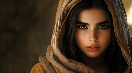 Mysterious Woman's Gaze, Brown Hood, Intriguing Portrait, Captivating Eyes, Stunning Beauty, Golden Fabric, Dramatic Lighting, Artistic Shot, Enigmatic Expression,  Female Figure