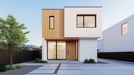 Fototapeta premium Sustainability thrives through recycle and renewal. Modern house design with wooden accents and large windows.