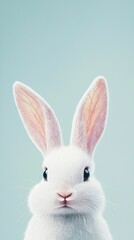 Obraz premium Adorable White Rabbit with Long Ears and Expressive Eyes Posing Against a Soft Blue Background for Cute Animal Imagery and Children's Themes