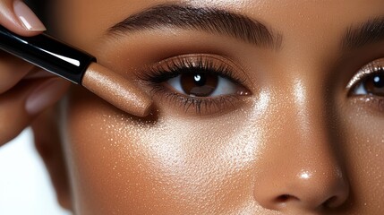 Naklejka premium A close-up of a person applying makeup near the eye, showcasing beauty and cosmetic techniques.