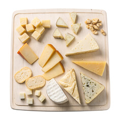 Varied cheeses arranged on a wooden board with bread slices and nuts, on transparent background, concept of gourmet food
