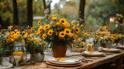 Fototapeta premium A beautifully arranged outdoor dining table adorned with sunflowers and rustic decor.