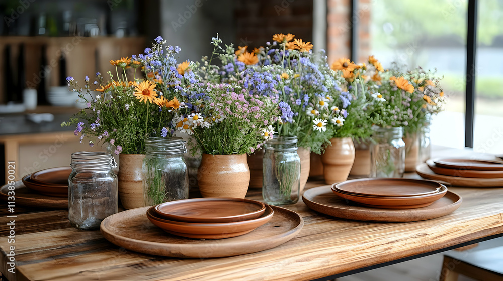 Poster a rustic dining table set with clay plates and vibrant flower arrangements in jars.