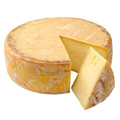 A whole cheese wheel with a wedge slice removed, showcasing its yellow interior, concept of dairy...