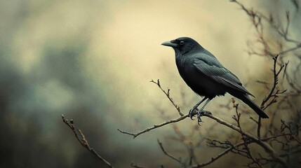 Obraz premium Solitary Crow on a Branch: A Dark and Serene Wildlife Photo