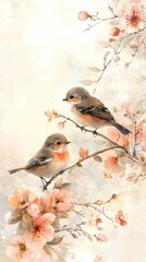 Two Small Birds Perched on a Branch Surrounded by Delicate Pink Flowers in a Soft Pastel Background Capturing the Beauty of Nature and Springtime Serenity