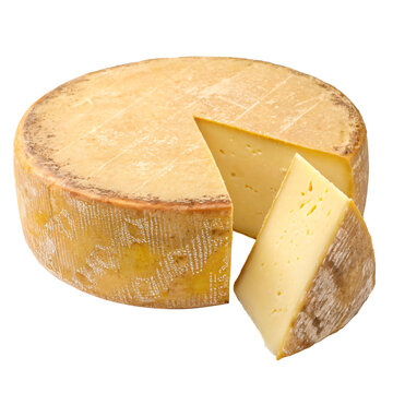 A whole cheese wheel with a wedge slice removed, showcasing its yellow interior, concept of dairy food