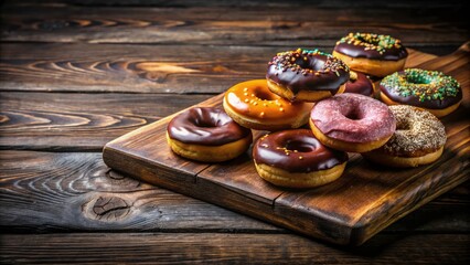 Fototapeta premium Delicious donuts on a rustic wooden board, a dark wood backdrop provides a sweet treat photo opportunity.