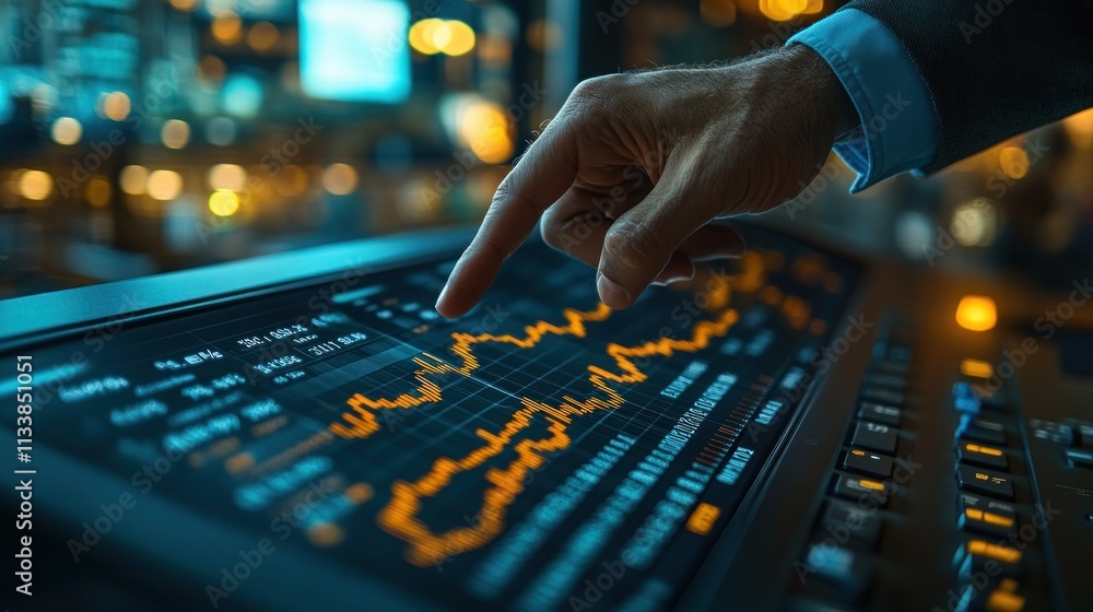 Aufkleber a hand pointing at a digital financial graph on a touchscreen interface.