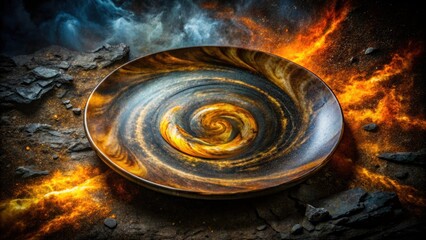 Double exposed image: aged stone's dark, gritty surface merges with a textured, mysterious undertone.