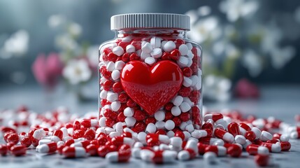 Heart-Shaped Container Filled with Red and White Capsules Surrounded by Colorful Flowers Creating a Symbol of Love and Health in a Soft Focus Background