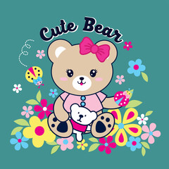 cute adorable bear with beautiful flower vector