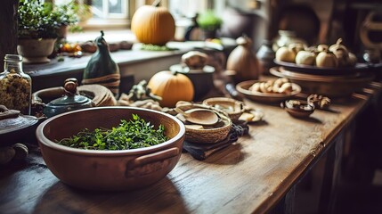 Rustic kitchen table with herbs, pumpkins, and various ingredients.
