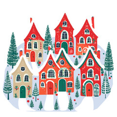 Fototapeta premium Whimsical Christmas Village in Snow. Christmas Winter landscape wiith a charming Christmas houses in naive cartoon style. 