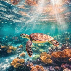 Obraz premium Underwater adventure sea turtle swimming among vibrant coral reefs ocean wildlife photography tropical paradise immersive perspective