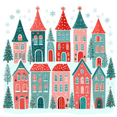 Fototapeta premium Whimsical Christmas Village in Snow. Christmas Winter landscape wiith a charming Christmas houses in naive cartoon style. 