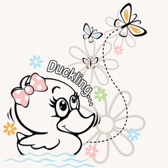 Adorable duck vector illustration surrounded by vibrant flowers and a cheerful butterfly in a whimsical nature scene
