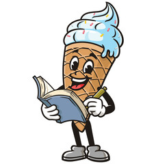Ice Cream with book,  Cartoon Character Mascot Illustration Vector Clip-art Hand-drawn Logo Design