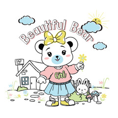cute adorable bear with beautiful flower vector