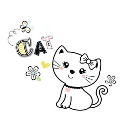 Cute cat with vibrant floral decoration on its head. Colorful and charming vector illustration.
