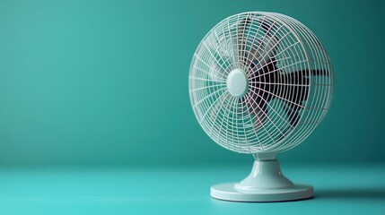 White desk fan on teal background.