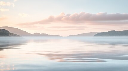 Serene sunrise over calm lake, misty mountains reflecting in still water.