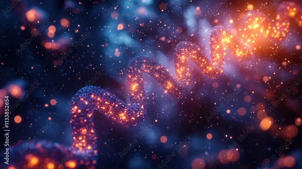 Poster abstract representation of a dna strand with glowing particles in a cosmic background.