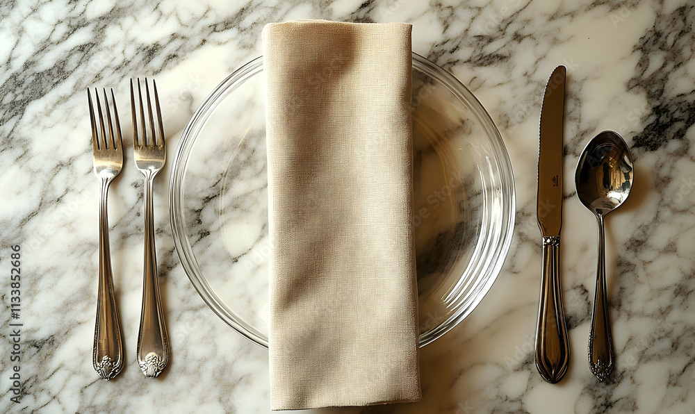 Poster a neatly arranged dining setting with utensils and a folded napkin on a marble table.