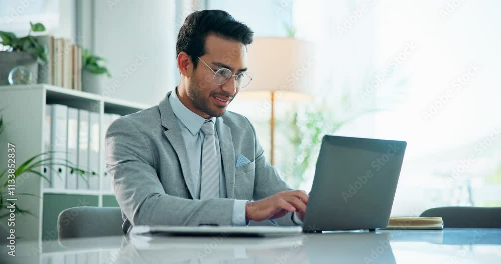 Poster accounting, documents and laptop with business man in office for financial or wealth management. ban