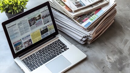 Laptop displaying online news beside a stack of newspapers