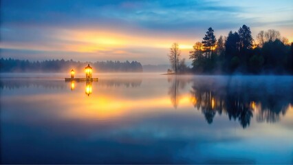 Fototapeta premium Two glowing lights on a still lake at dusk, shrouded in fog.