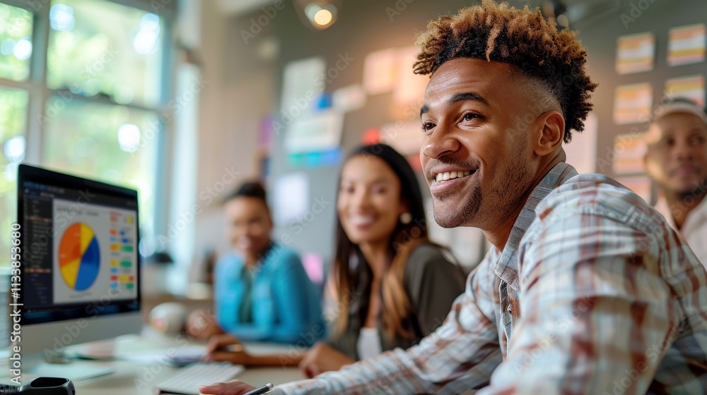 Aufkleber young diverse professionals collaborating in a bright office space while analyzing data and discussi