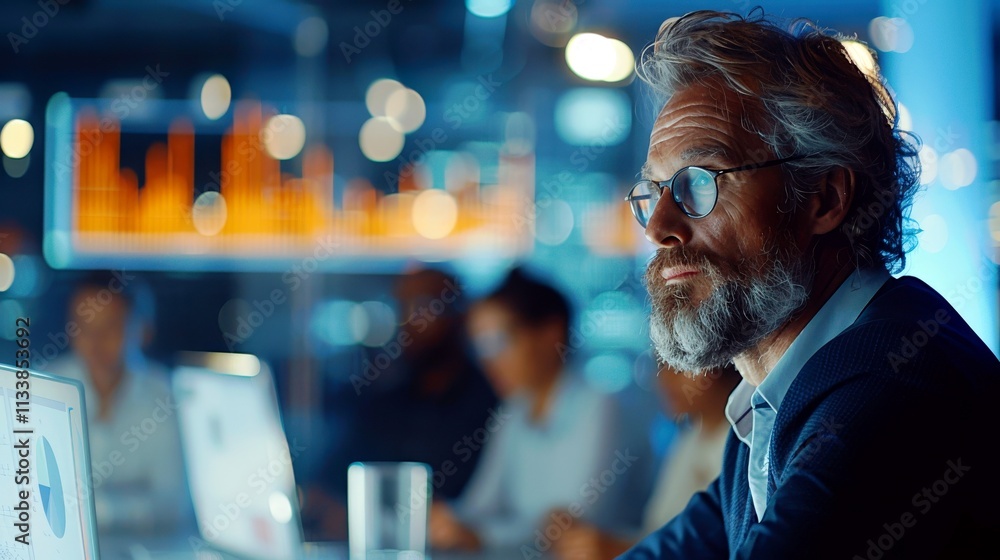 Poster professional man working at a computer in a modern office setting with colleagues in the background 