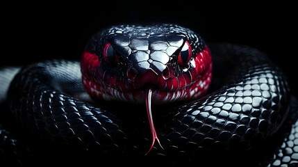 Fototapeta premium Black Snake's Red Tongue, Scales, Eyes, Night Vision, Venom, Reptile, Wild, Nature, Close-up, Wildlife 