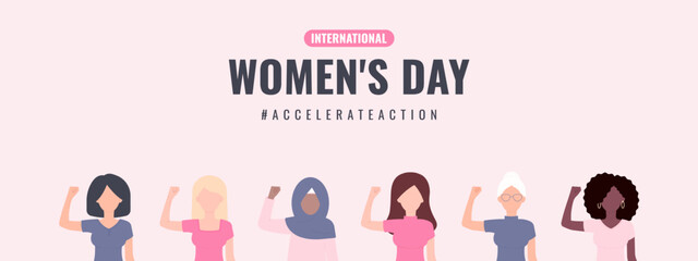 International Womens Day card. 2025 AccelerateAction campaign. Women in different ethnicity and hair color showing strength in their hand. Flat vector design