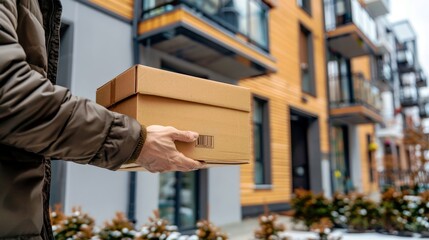 Delivery Person Holding Cardboard Box in Front of Modern Apartment Building in Urban Neighborhood During Daytime